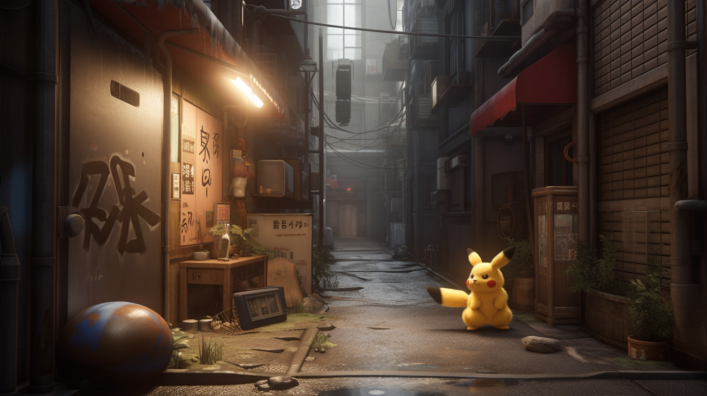 Realistic Pikachu in Japanese Alleyway Photo: Fluffy Fur Texture