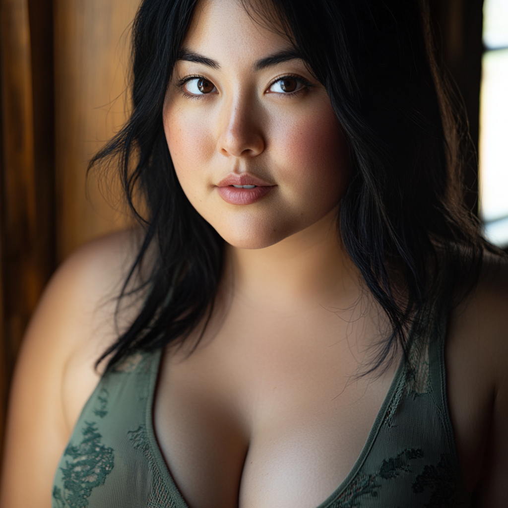 Realistic Portrait 28-Year-Old Woman Black Hair Chubby Body Camera Window Light Sharp Detail Subtle Blur Sony Alpha 7R IV 35mm Raw