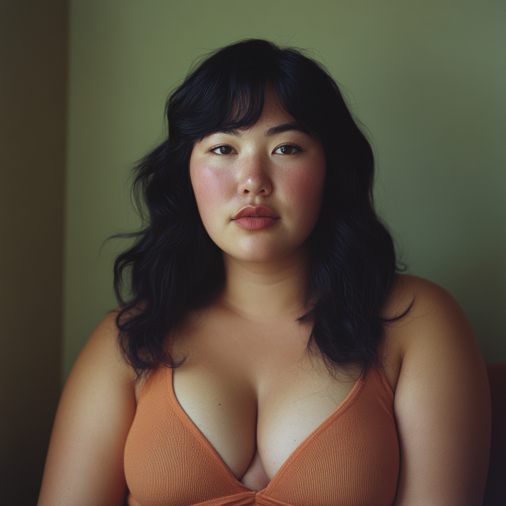 Realistic Portrait of 28-Year-Old Woman, Chubby Body, Black Hair