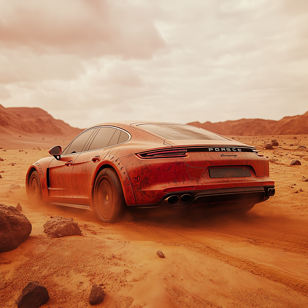 Realistic Red Panamera 911 Car on Martian Terrain