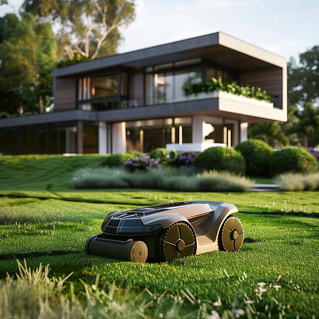 Realistic Small Robotic Lawn Mower in Suburban Setting 