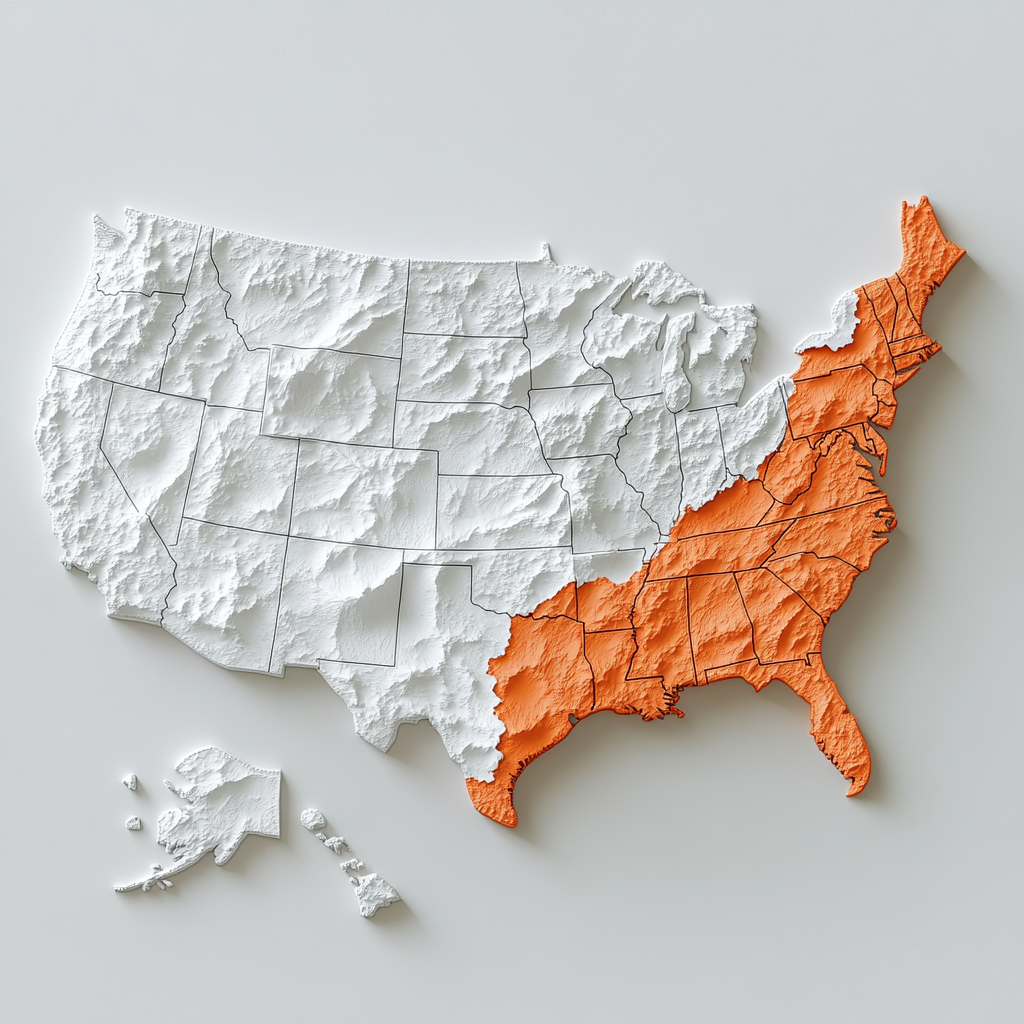 Realistic US Map Terrain with Orange-highlighted States