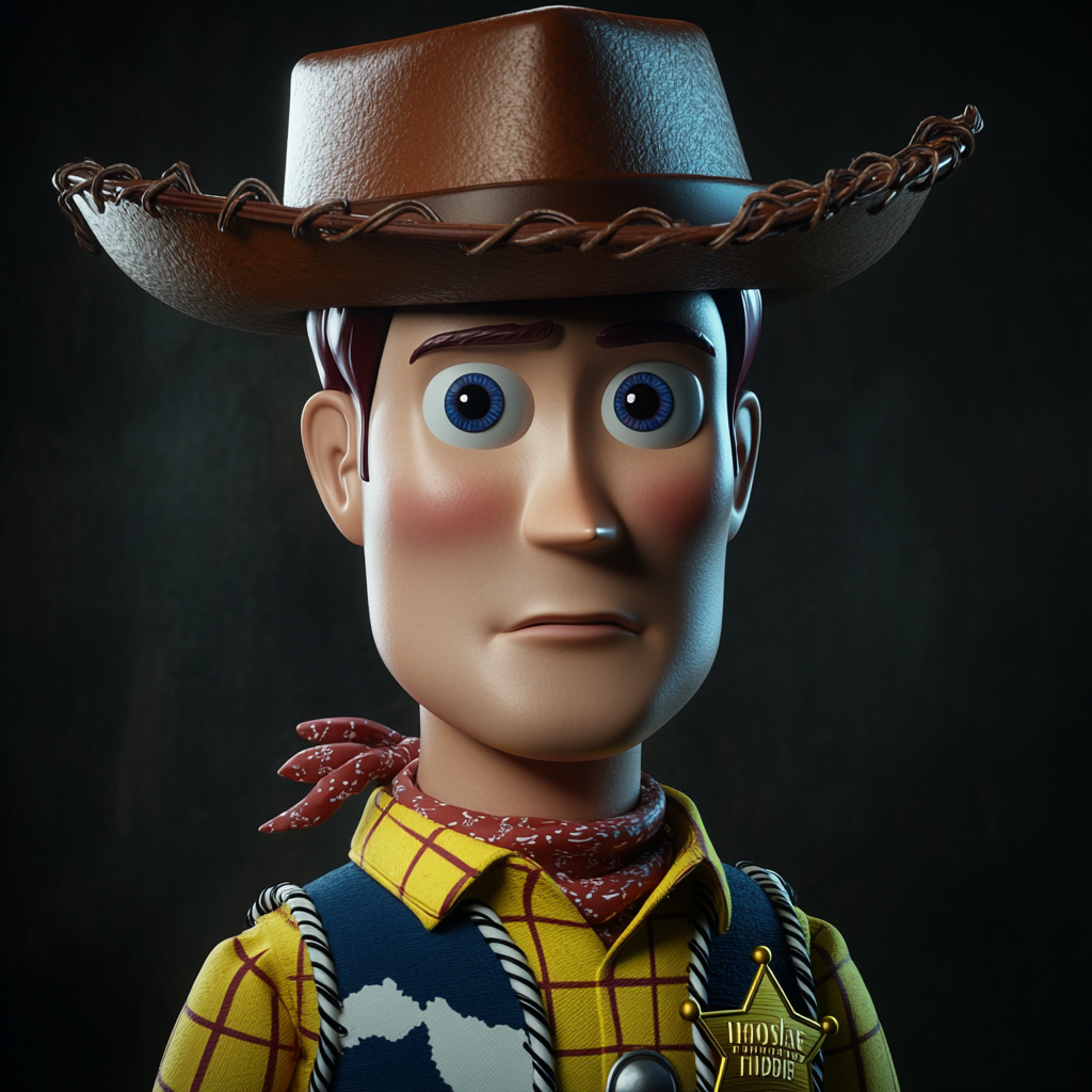 Realistic Woody with slender face, blue eyes, cowboy hat.