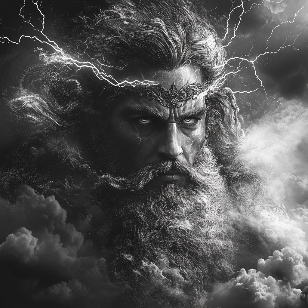 Realistic Zeus Illustration with Lightning Crown and Storm Clouds 