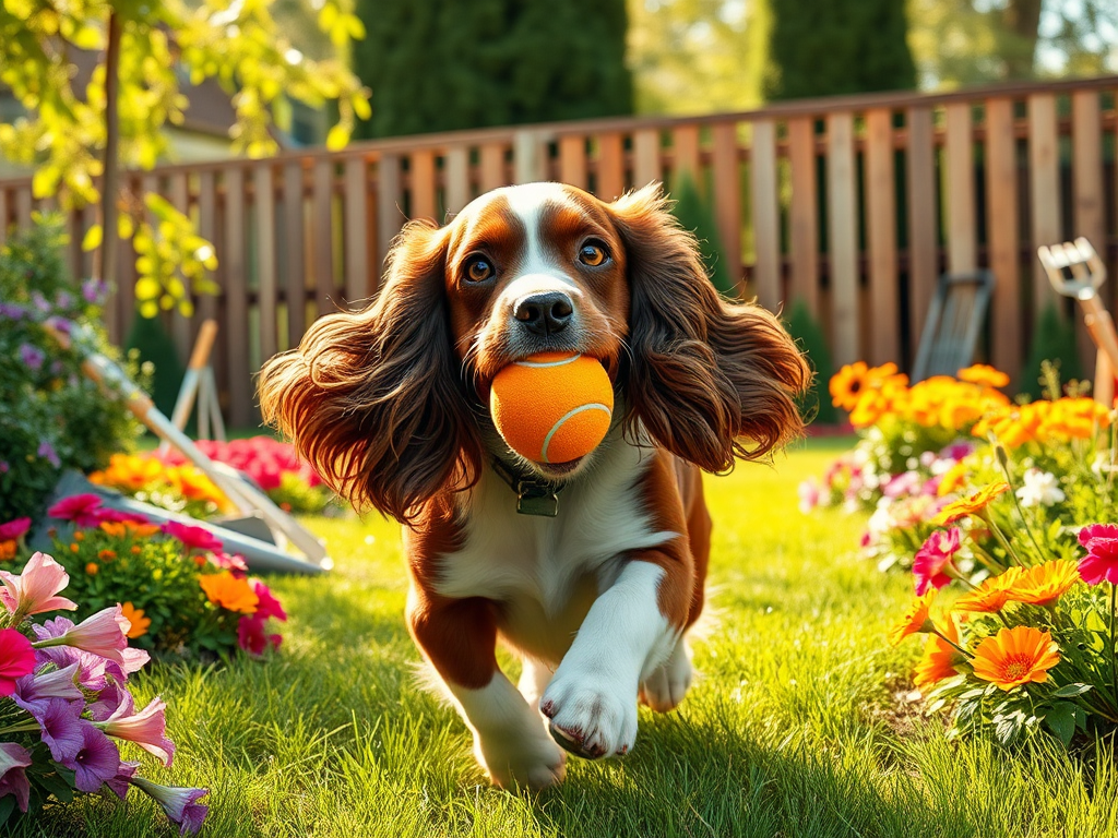 Realistic and Detailed Image: Happy Cocker Spaniel with Tennis Ball Running in Garden