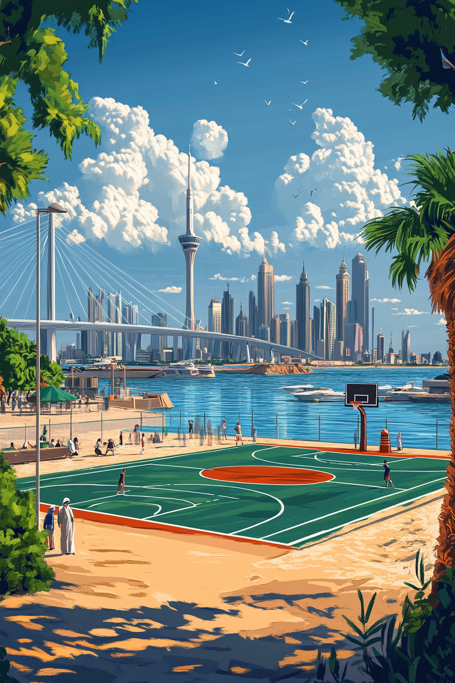 Realistic basketball court in Kuwait with elegant Jaber Al-Ahmad Bridge.