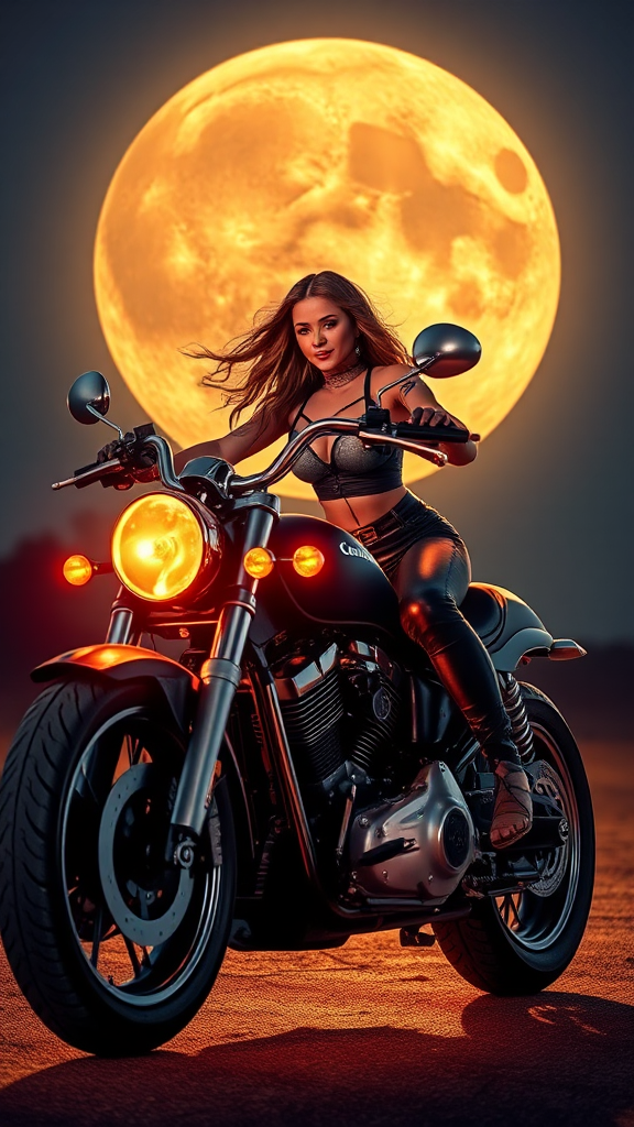 Realistic biker woman on chopper motorcycle with full moon and 3D name Viky