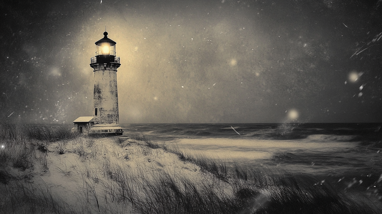 Realistic black and white photo of beach lighthouse at night.