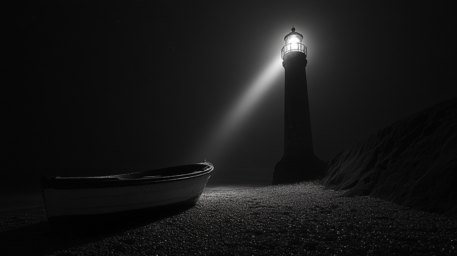 Realistic black and white photo of lighthouse at night.