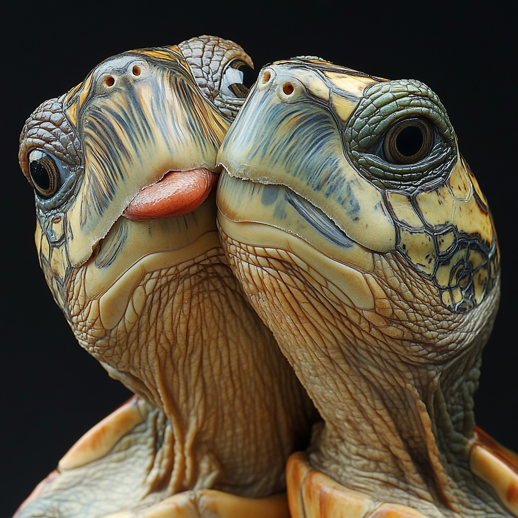 Realistic cartoon image of one turtle kissing air enthusiastically.