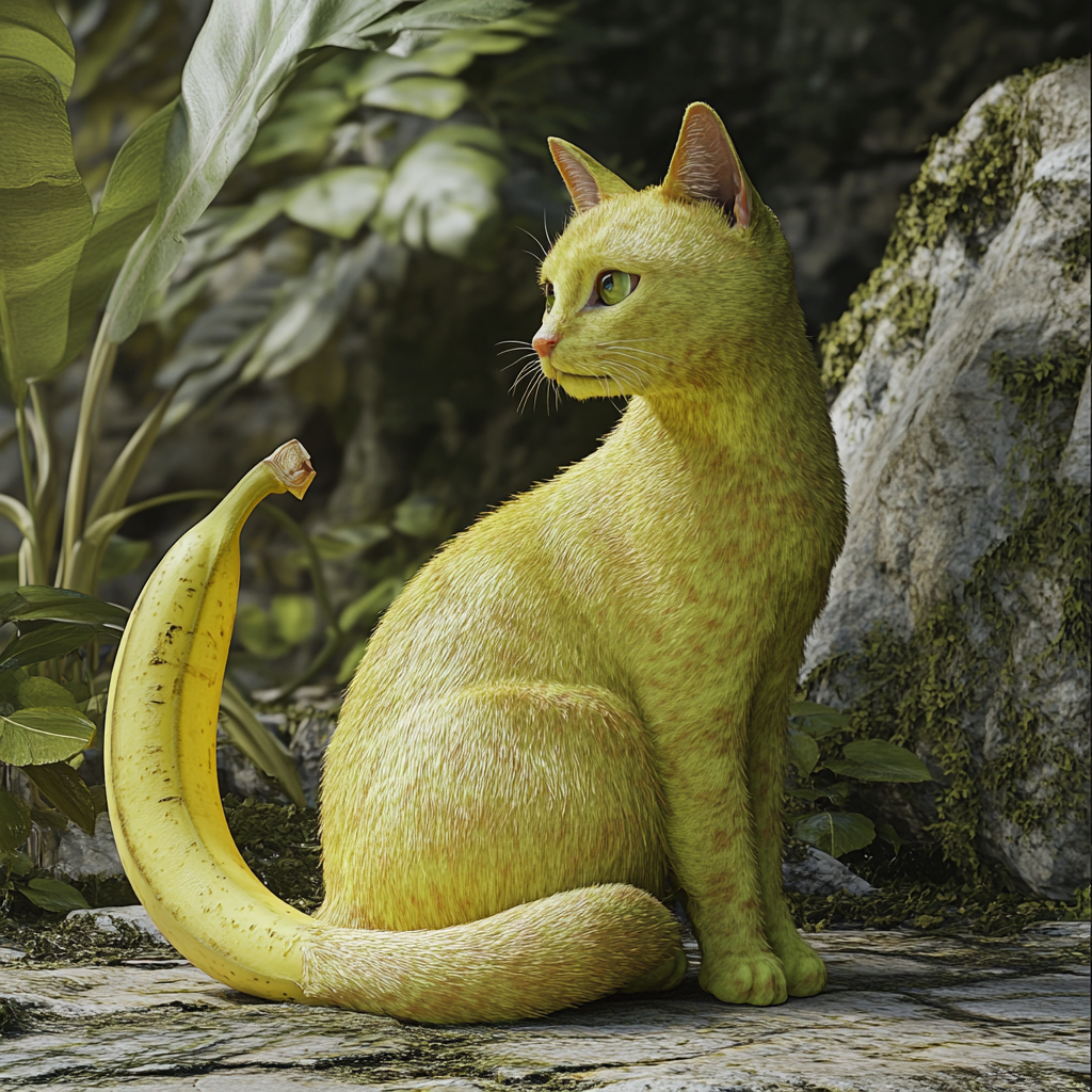 Realistic cat with banana-like features in natural setting.