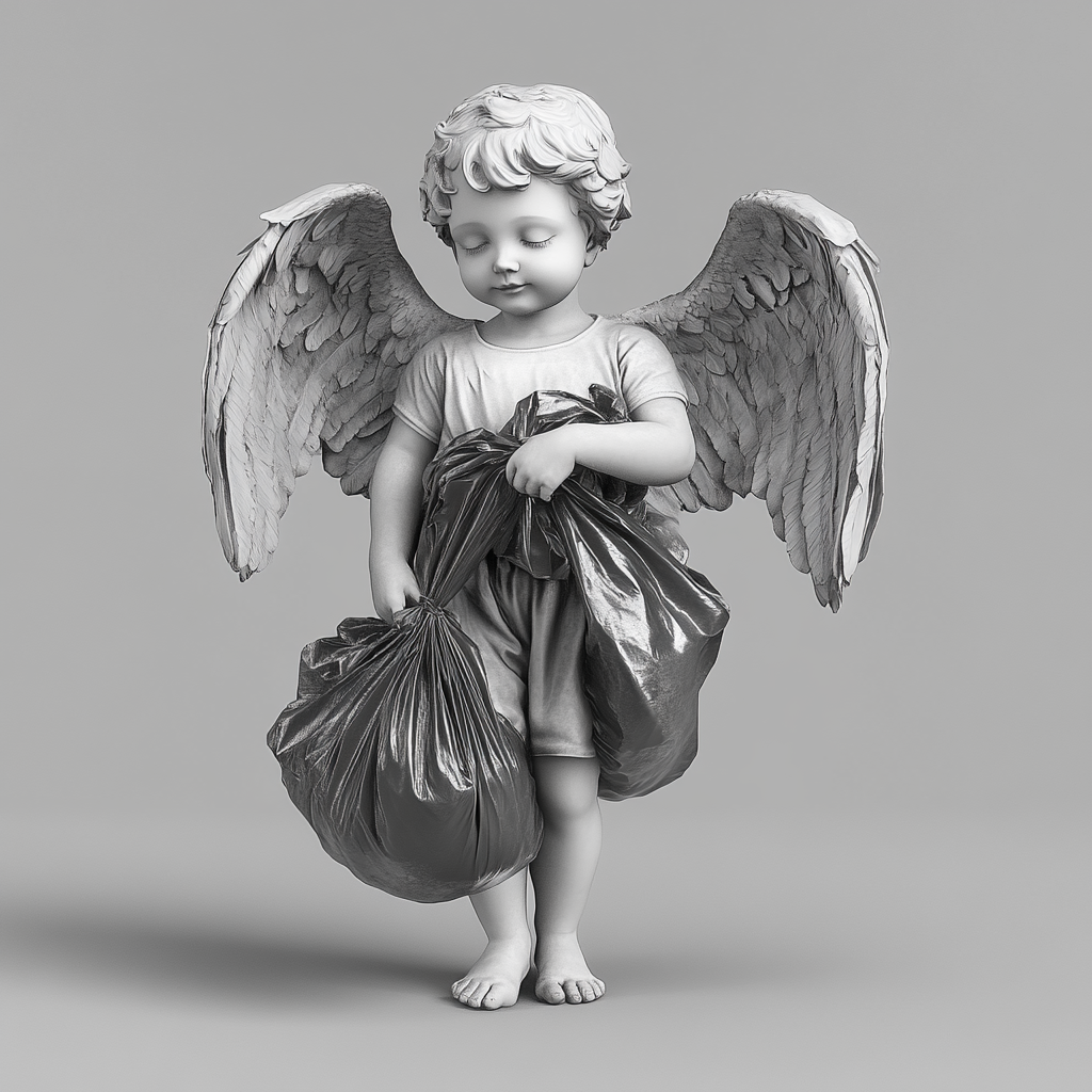 Realistic child angel on gray background with wings.