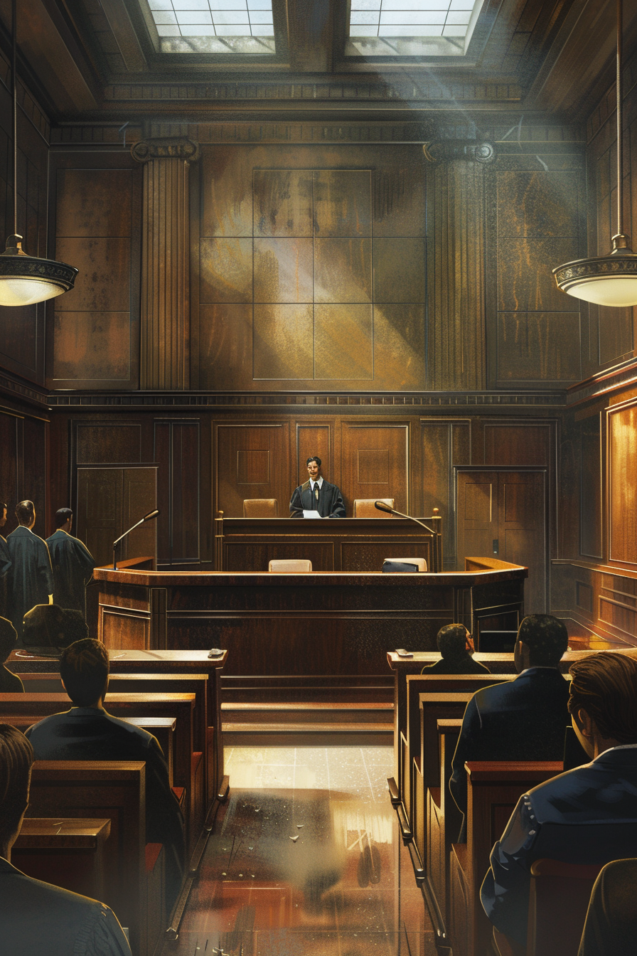 Realistic courtroom with young educator practicing speech. modern setting.