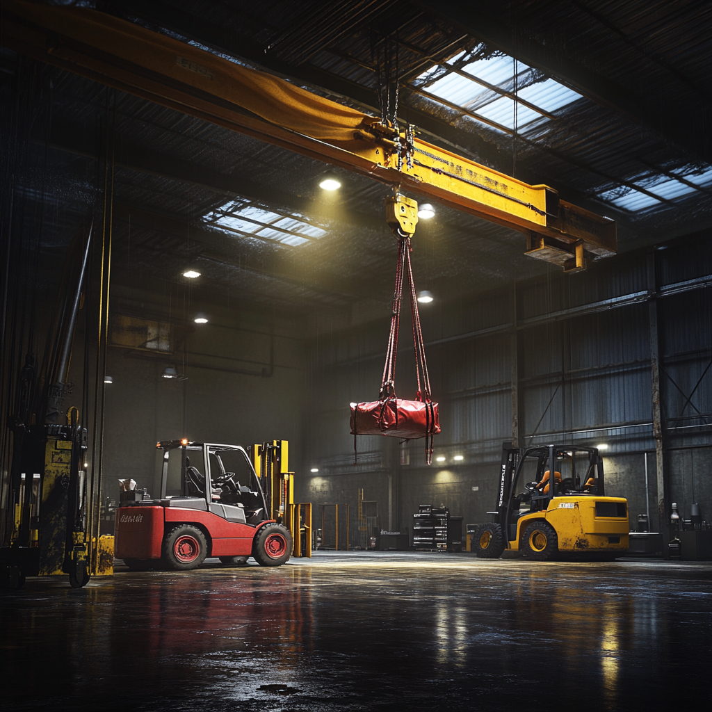 Realistic crane hoisting red forklift with nylon slings.