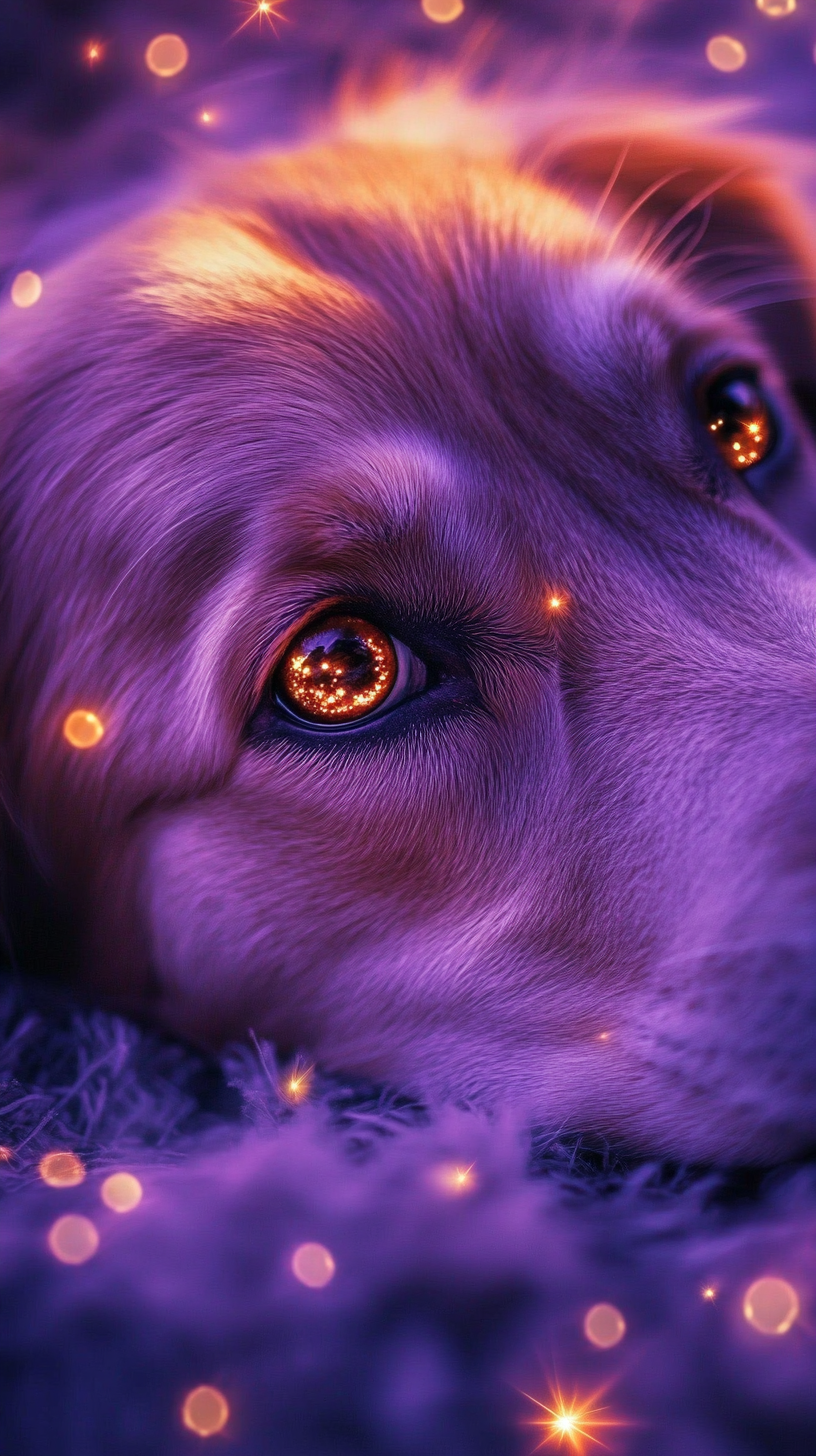 Realistic dog with charming powers, purple fur, glowing eyes.