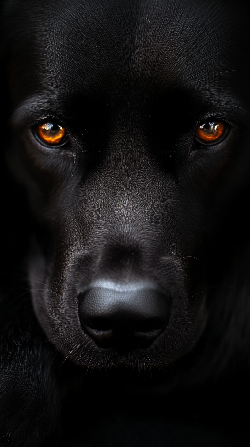 Realistic dog with dark powers, deep black fur, red eyes.