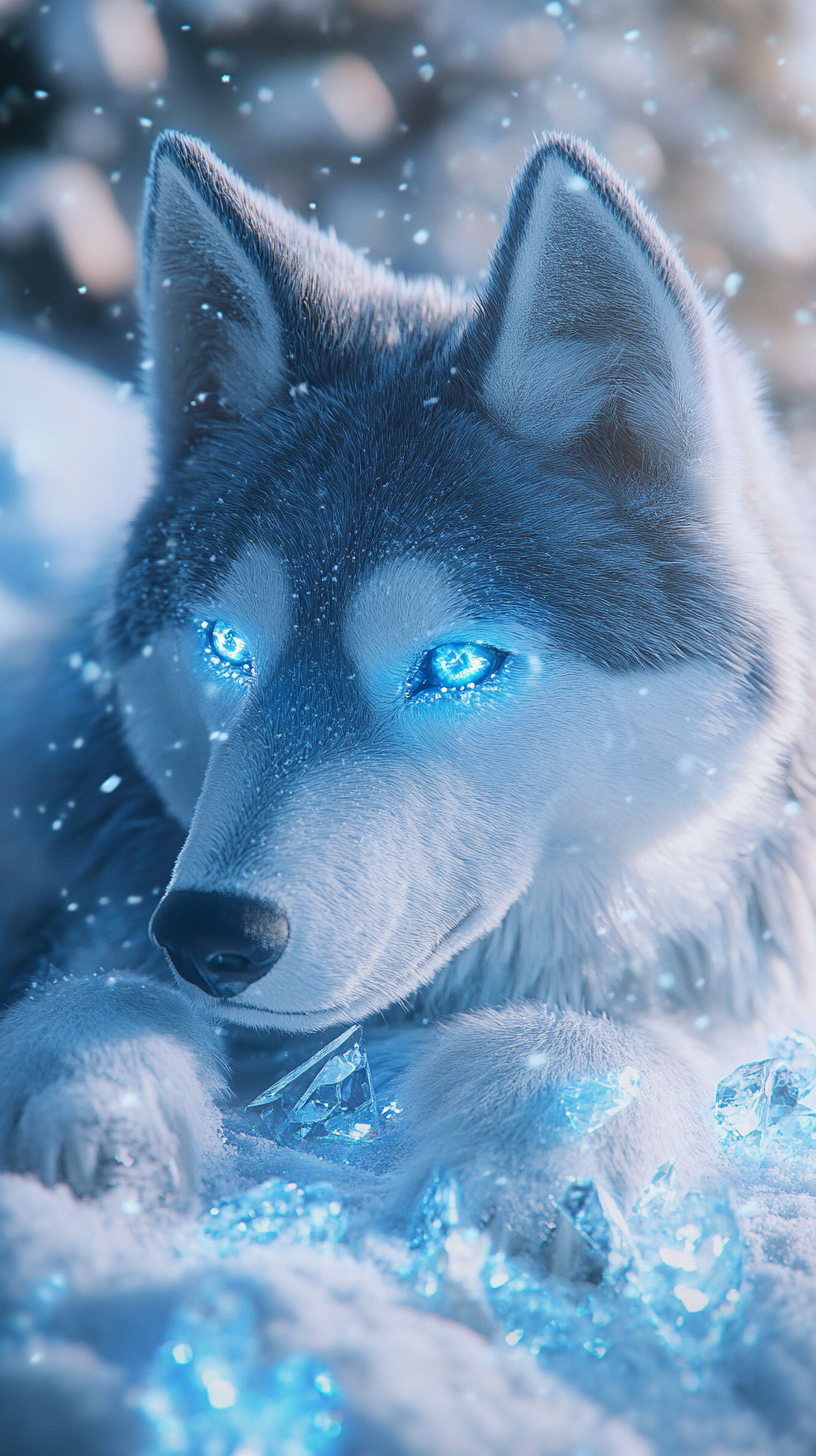 Realistic dog with ice powers, light blue fur, crystal patterns, eyes, ice shards floating, winter background.