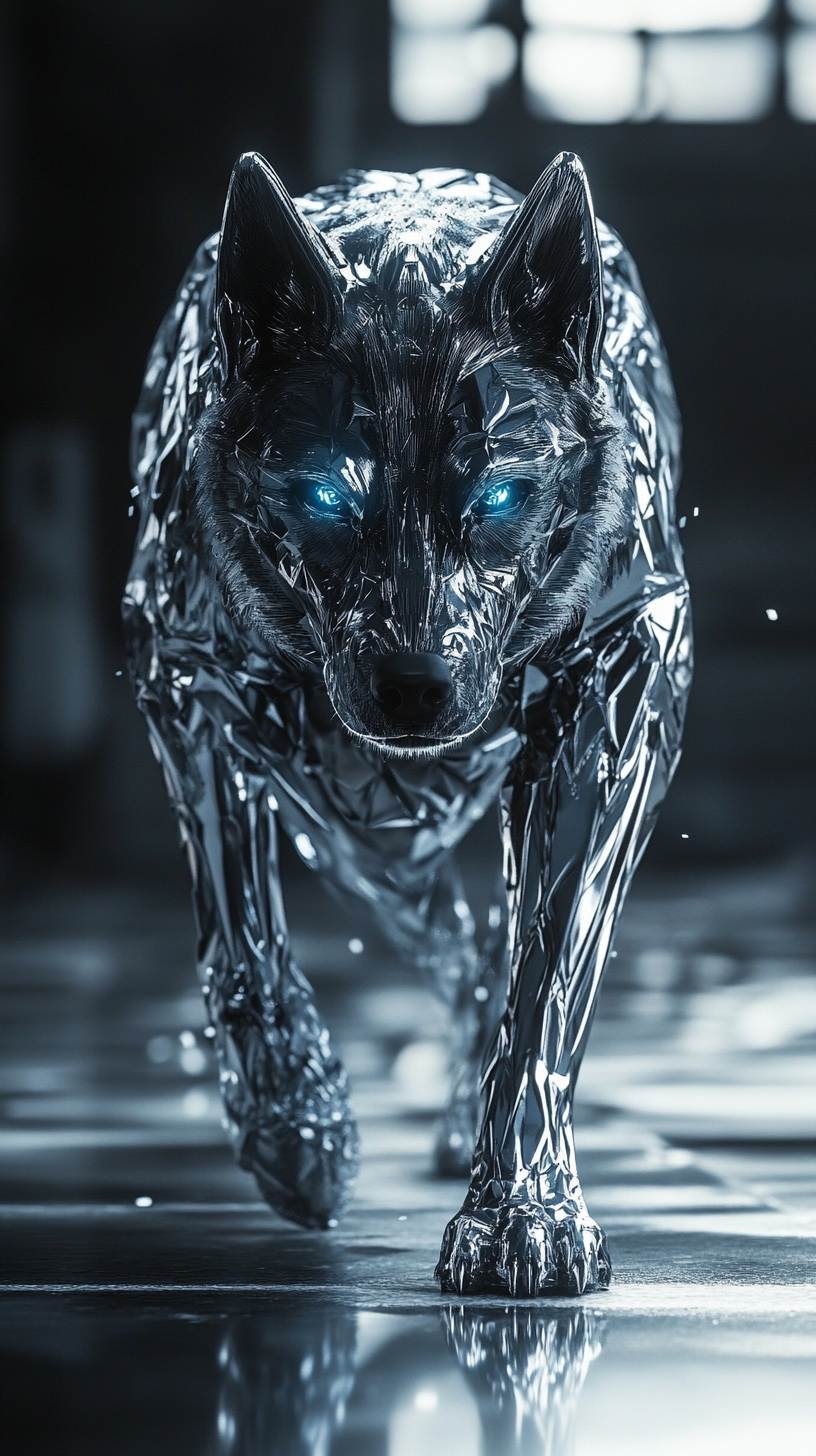 Realistic dog with metal powers, silver fur, shiny eyes.