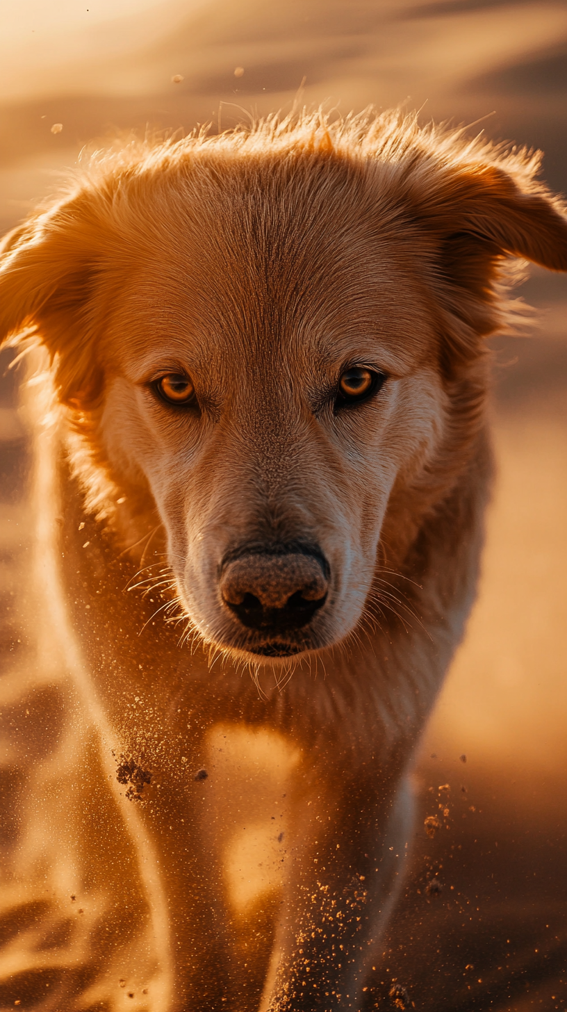 Realistic dog with sand powers, golden fur, glowing eyes.