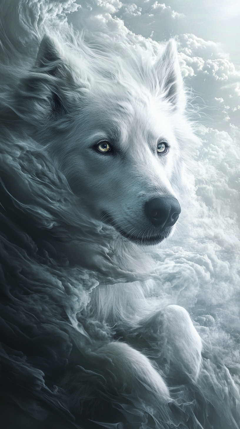 Realistic dog with wind powers, pale grey fur, swirling clouds.