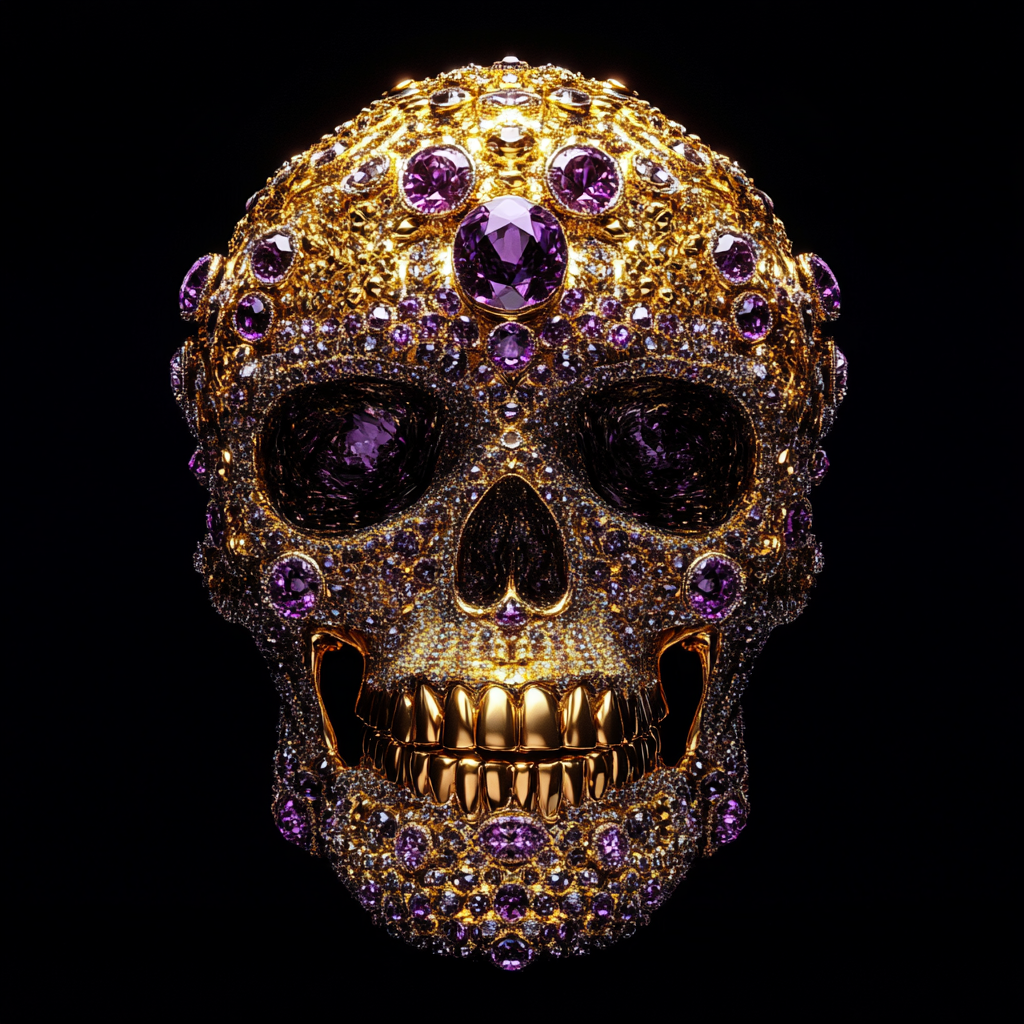 Realistic golden skull covered with purple diamonds and gems.