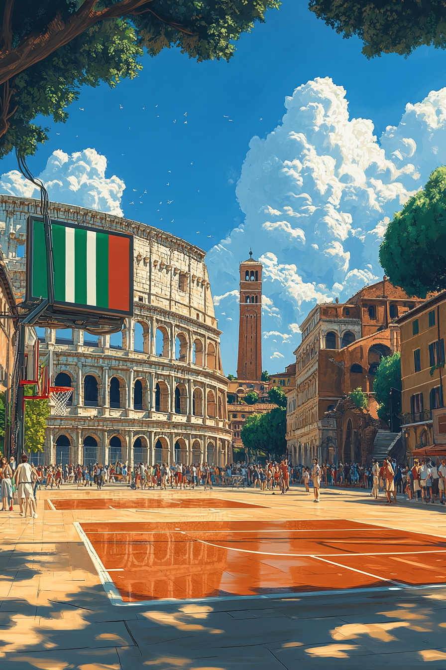 Realistic half-court basketball scene with Italian flag backdrop.