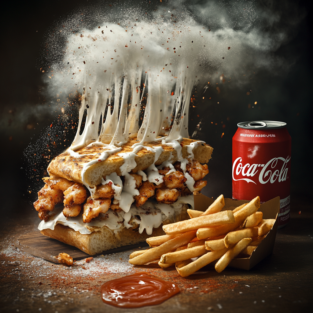 Realistic half sandwich with flying chicken, fries, white sauce. French fries, Coke next to it.