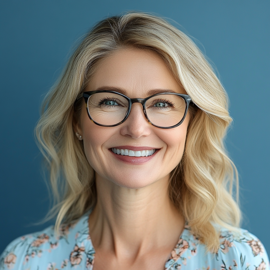 Realistic headshot of 40-year-old blond, happy business woman.