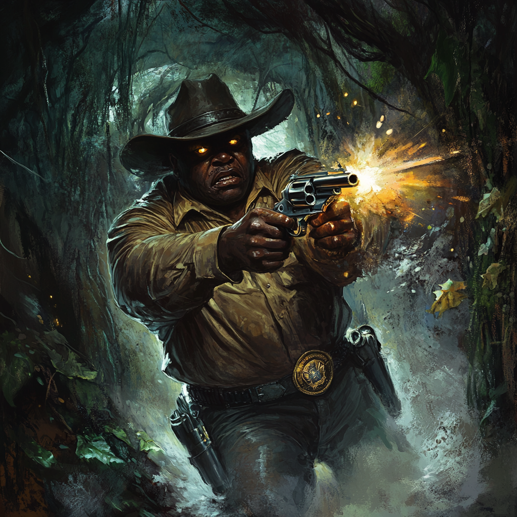 Realistic horror: sheriff fires revolver in dark cave.