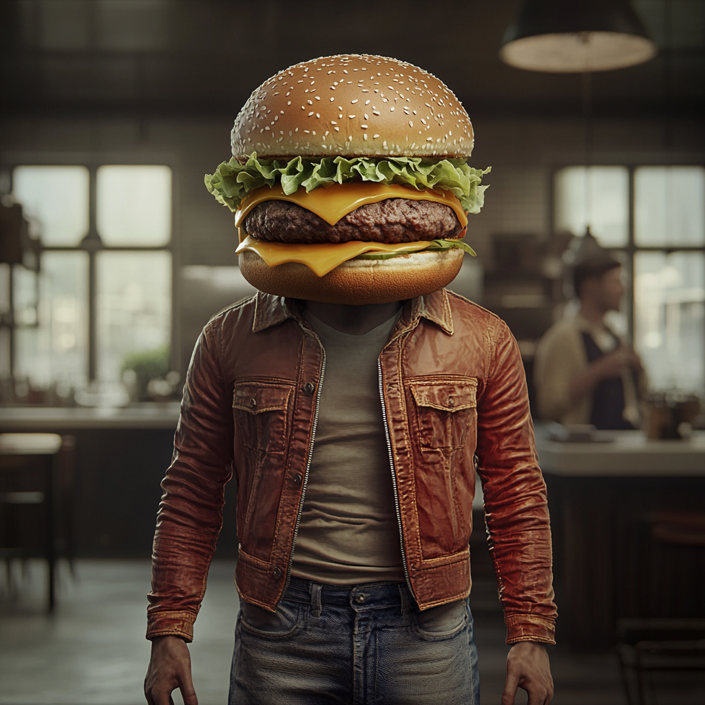 Realistic human body with hamburger head in diner.