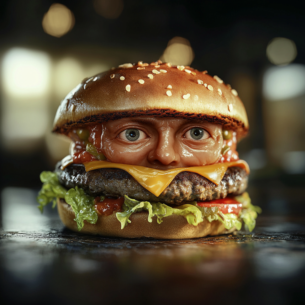 Realistic human face on hamburger in natural environment.