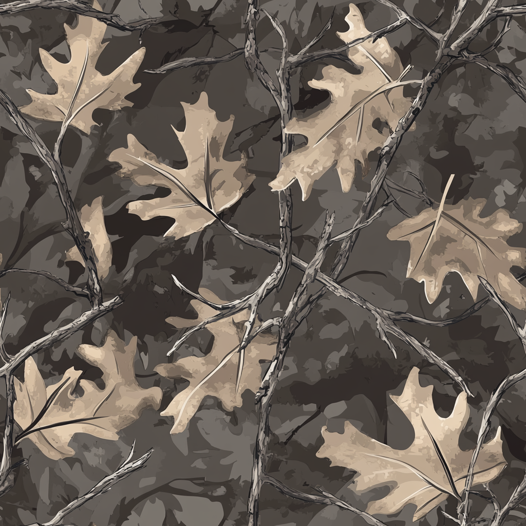 Realistic hunting camo pattern with leaves and branches.