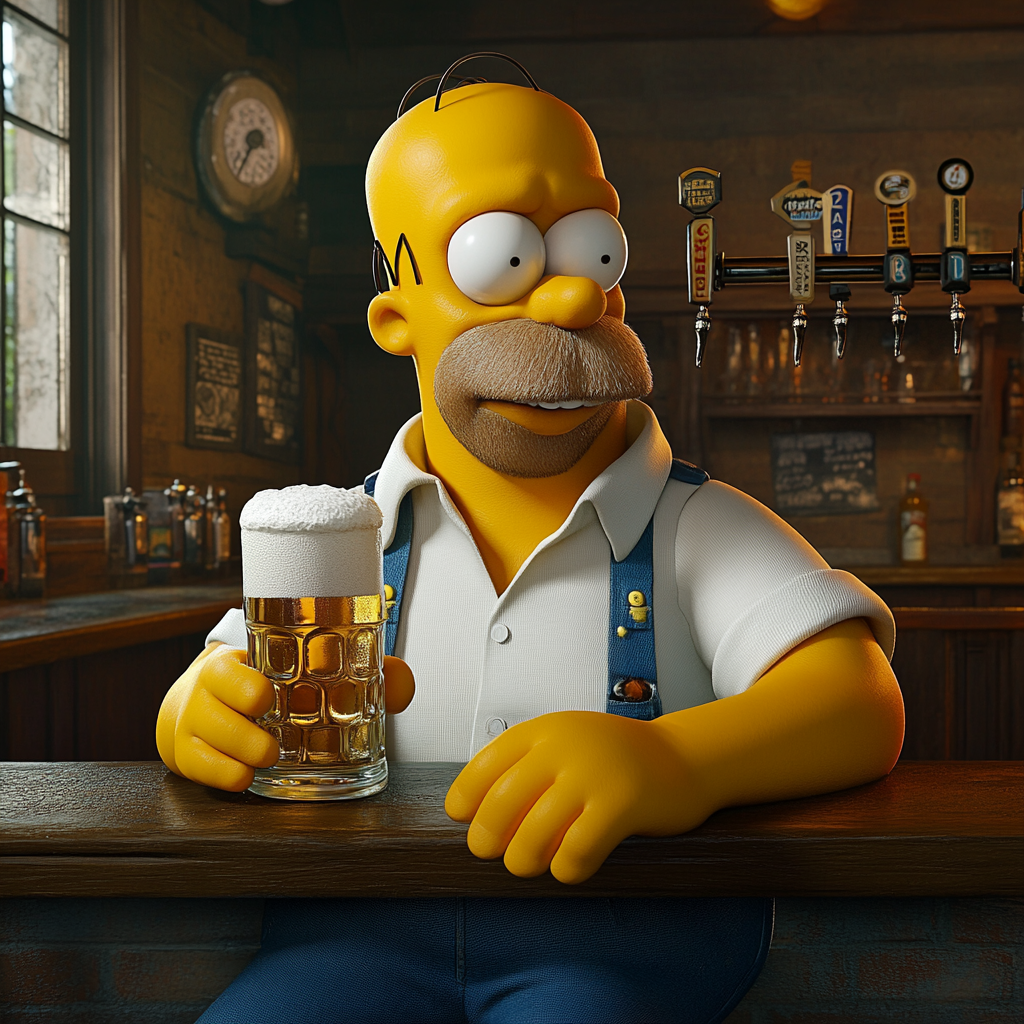 Realistic image of Homer Simpson sitting at bar.