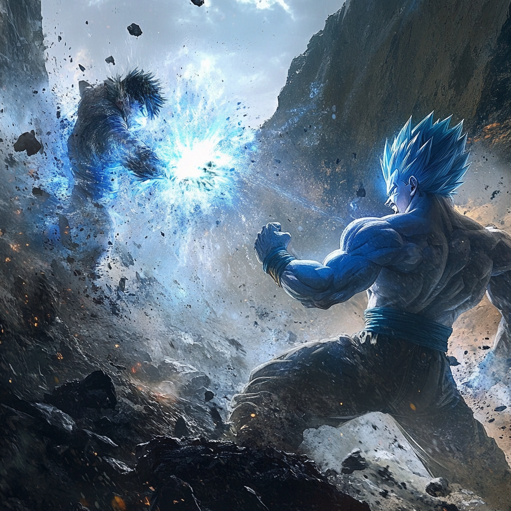 Realistic image of Vegeta and Goku fighting intensely.