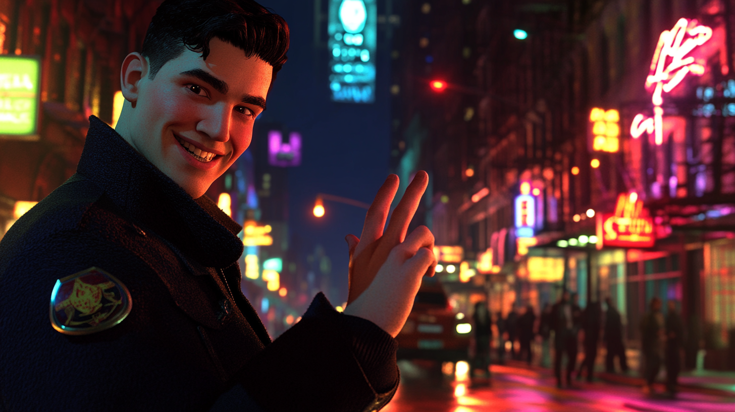 Realistic image of city with male detective smiling.