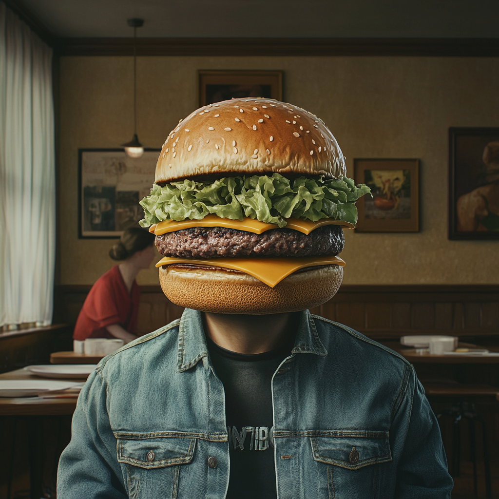 Realistic image of human body with hamburger head.