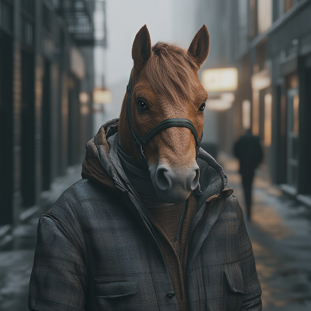 Realistic image of human body with horse head.