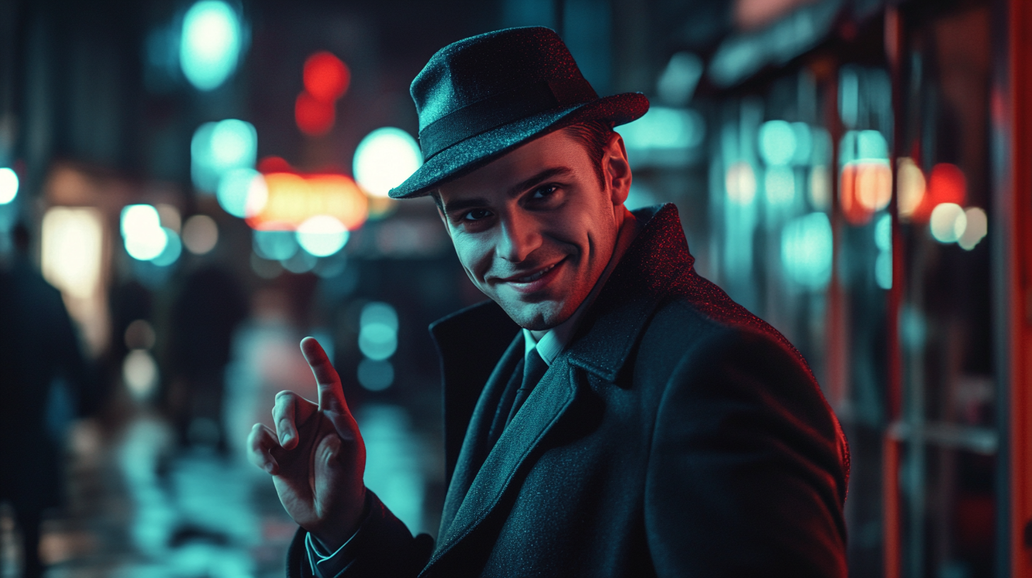 Realistic image of smiling detective gesturing at camera.