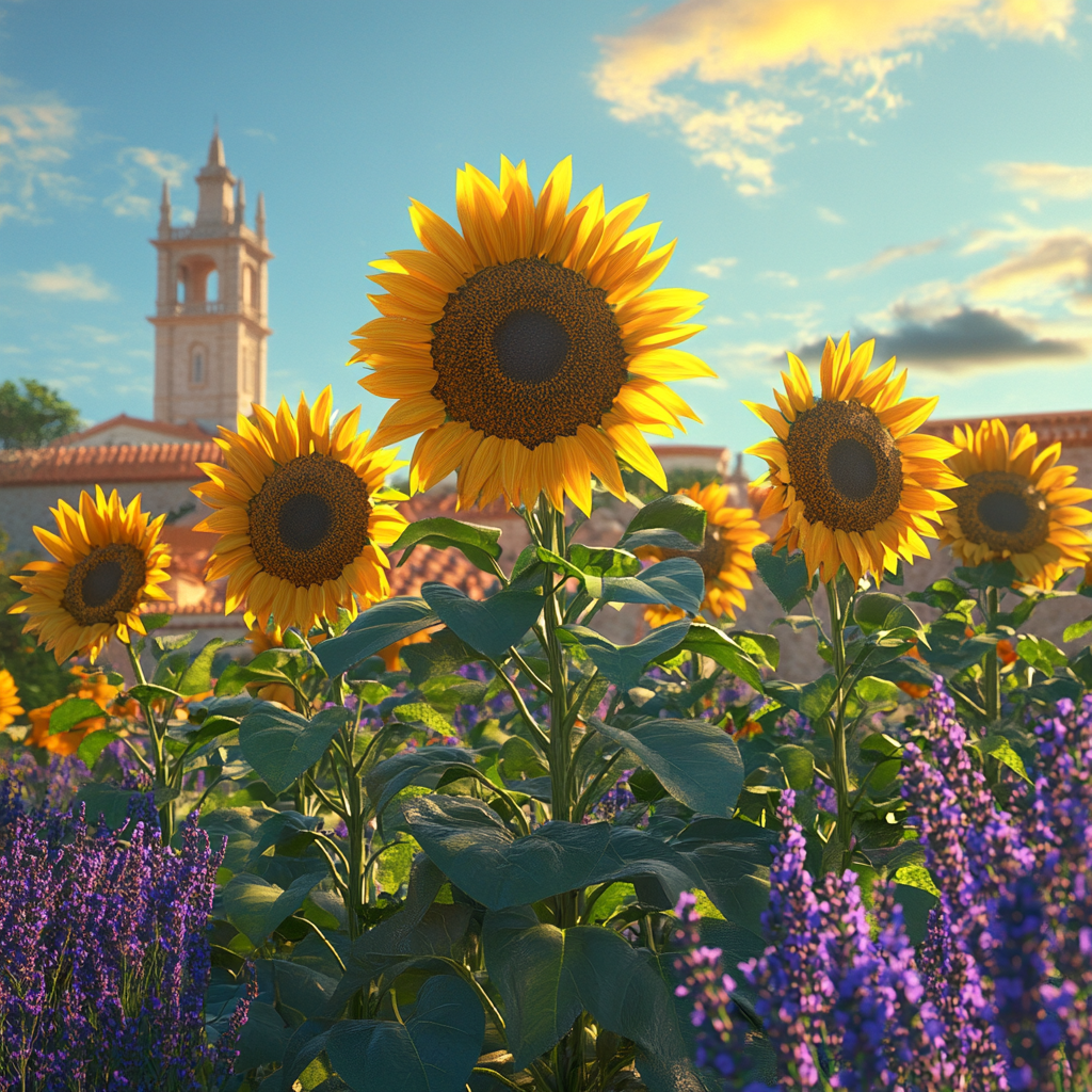 Realistic image of sunflowers under blue sky in Lisbon.