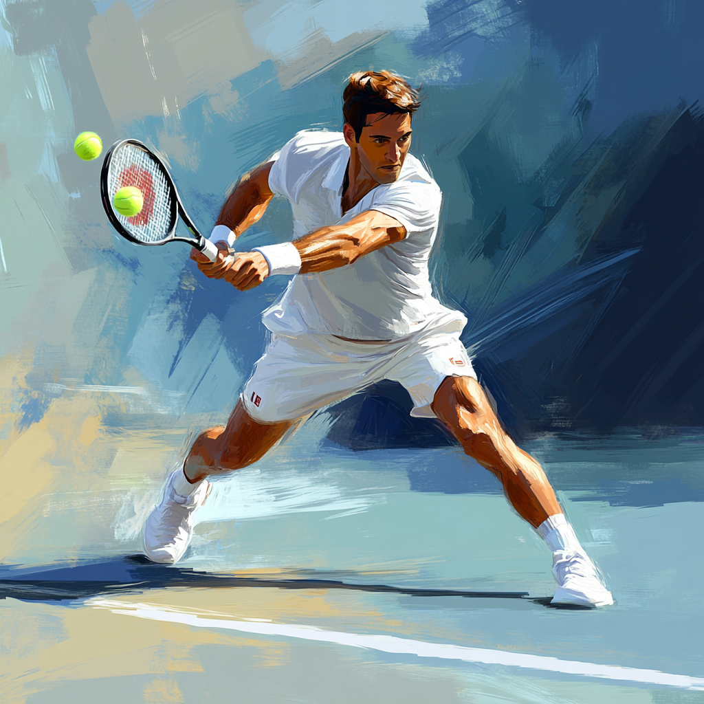 Realistic image of tennis player near baseline, ready to move.