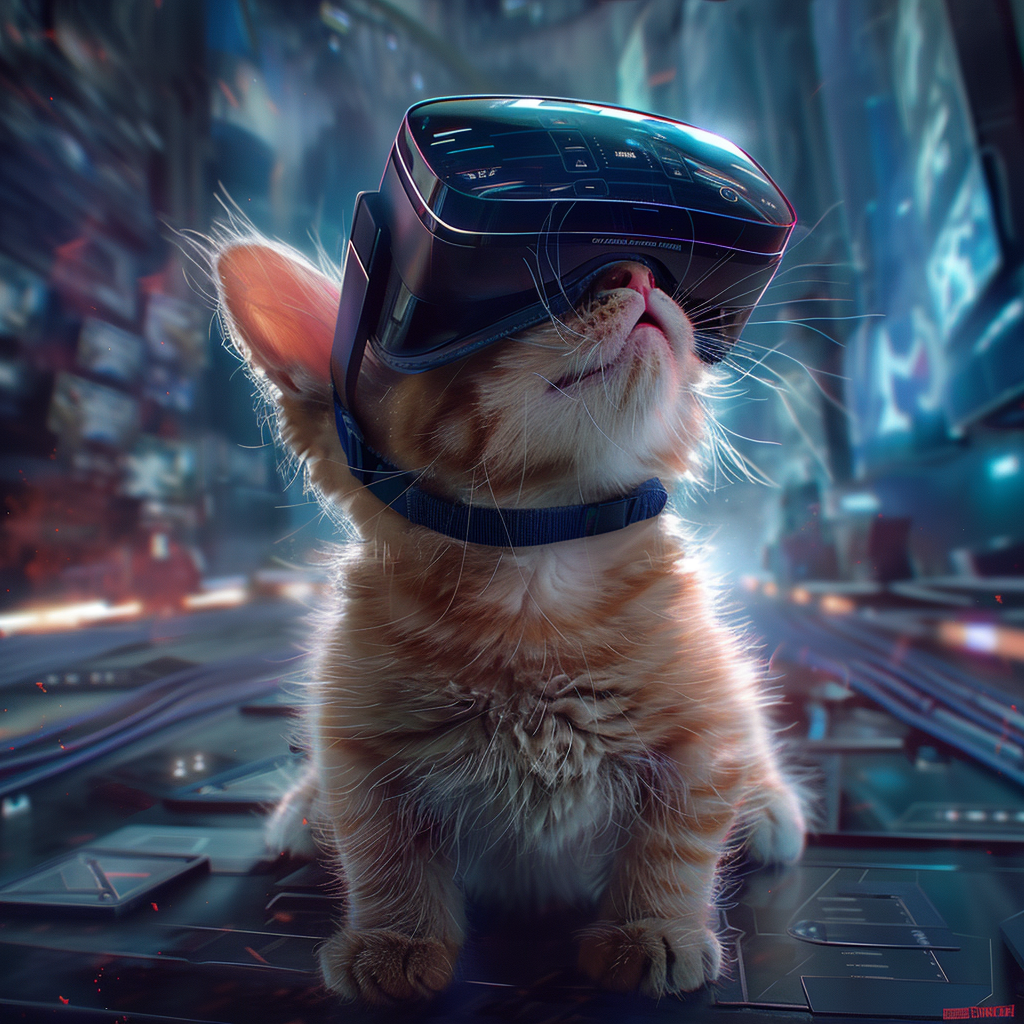 Realistic kitten in VR headset designed for small head.