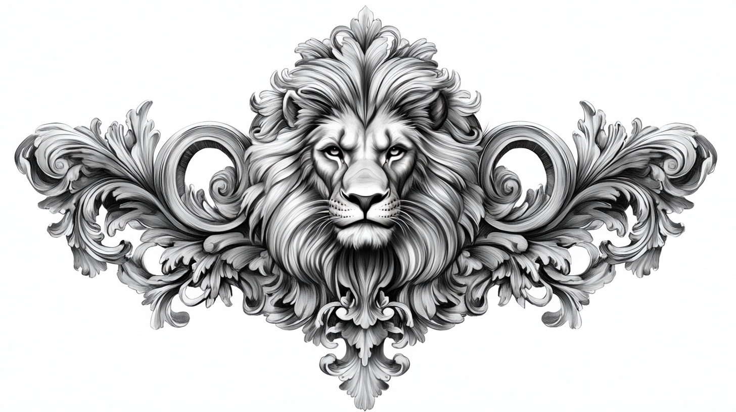 Realistic lion head sketch for symmetrical baroque tattoo design.