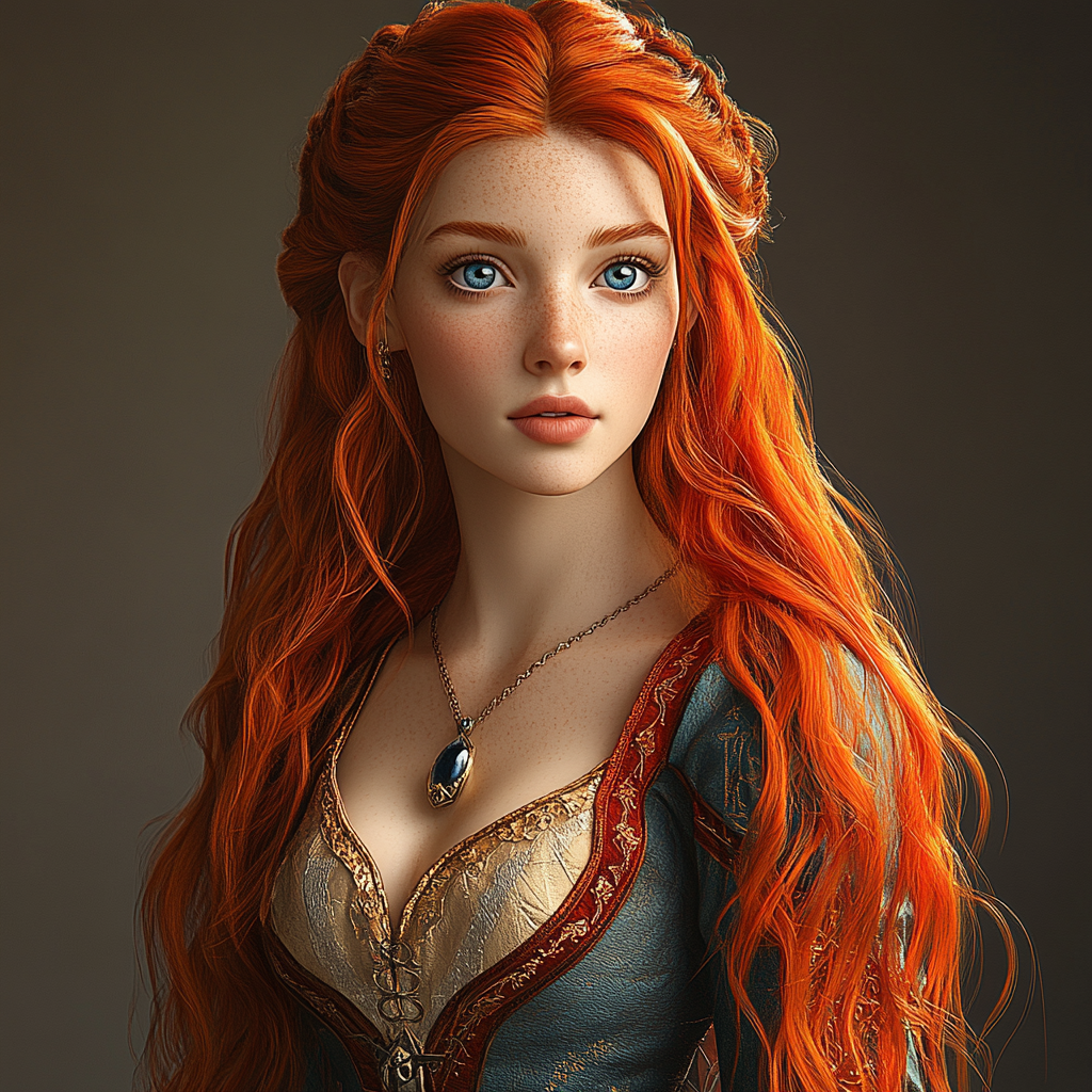 Realistic medieval fantasy princess with fiery red hair