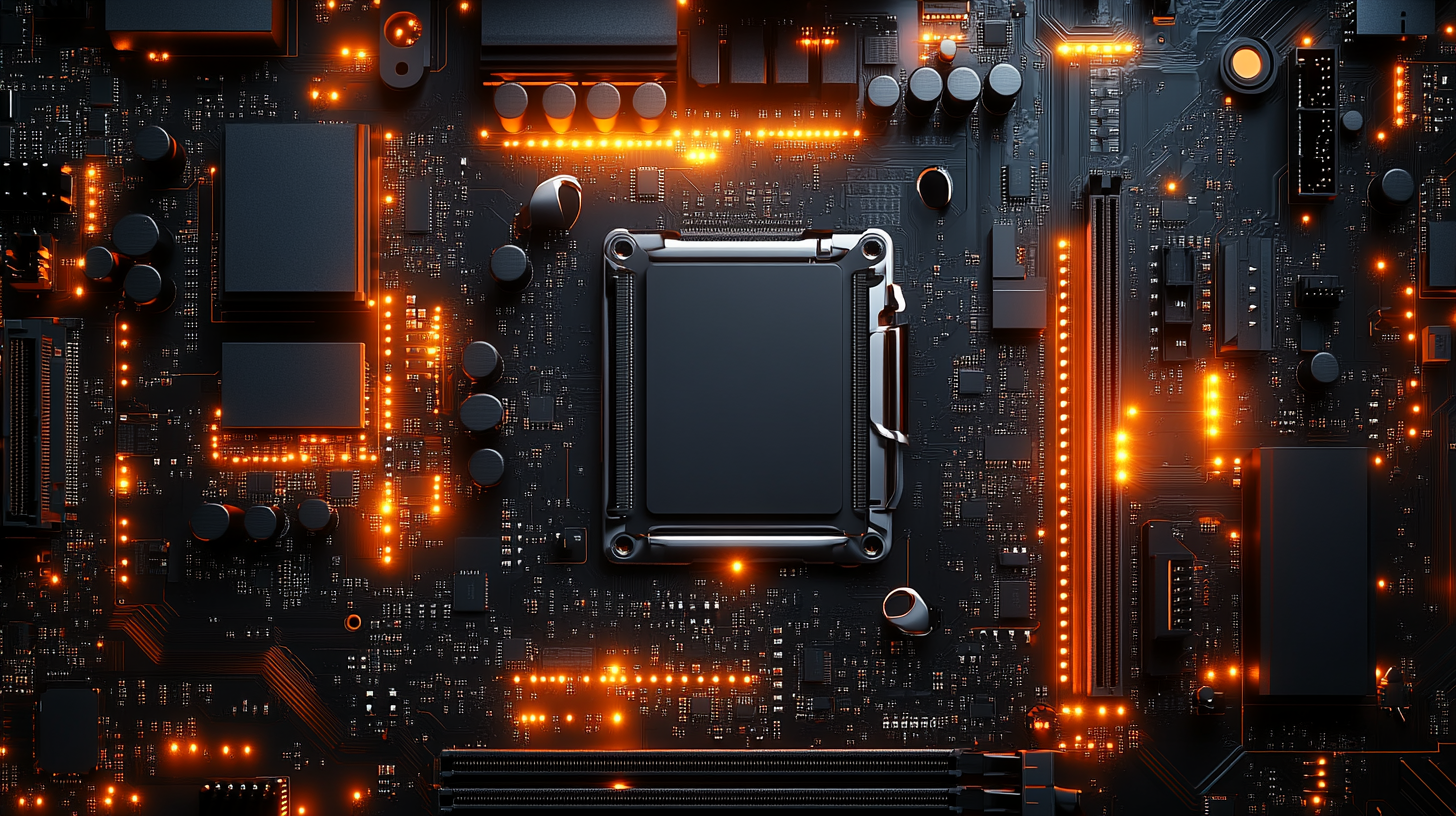 Realistic motherboard with recognizable electronic components and empty space.