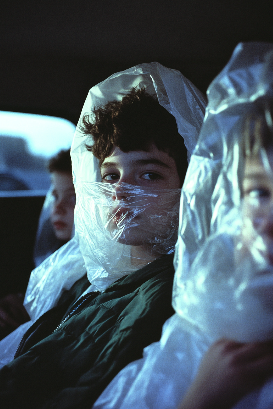 Realistic movie still of kids with plastic bags.