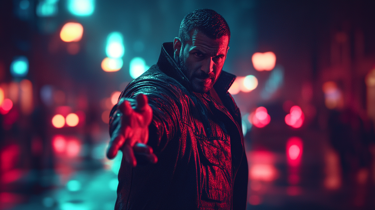 Realistic night city photography with detective man portrait.