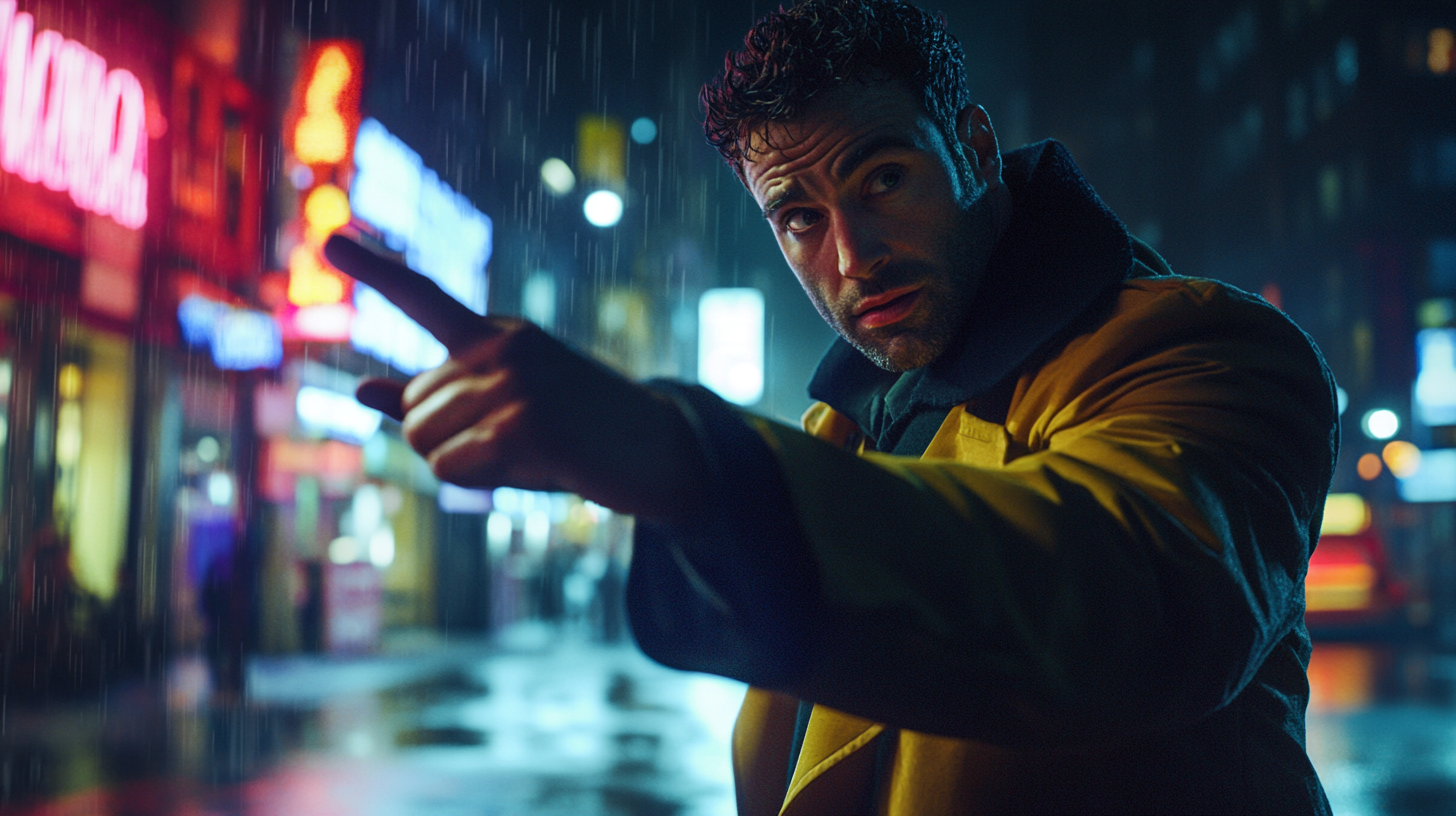 Realistic nighttime city photography with detective man, dramatic lighting.