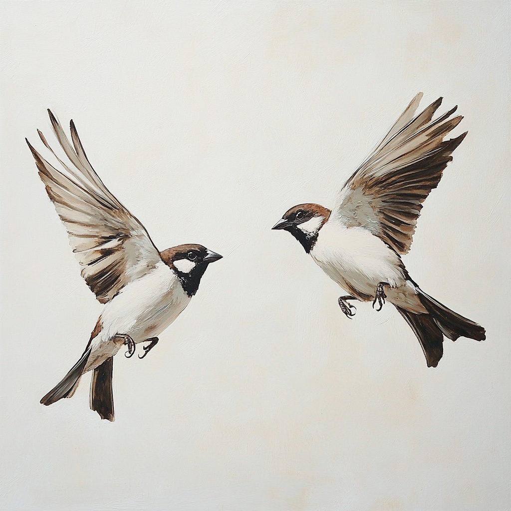 Realistic oil painting of two sparrow birds fighting.