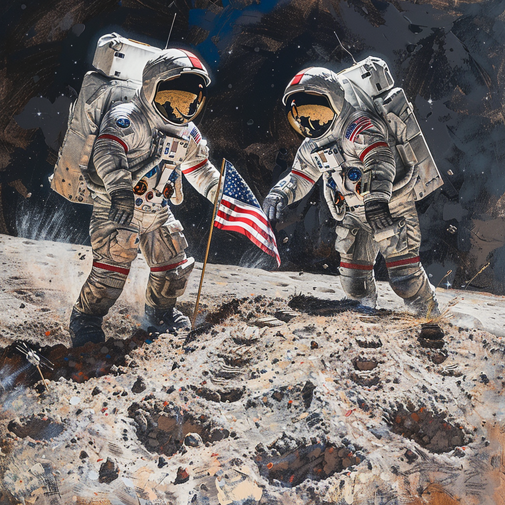 Realistic painting of astronauts planting American flag on moon