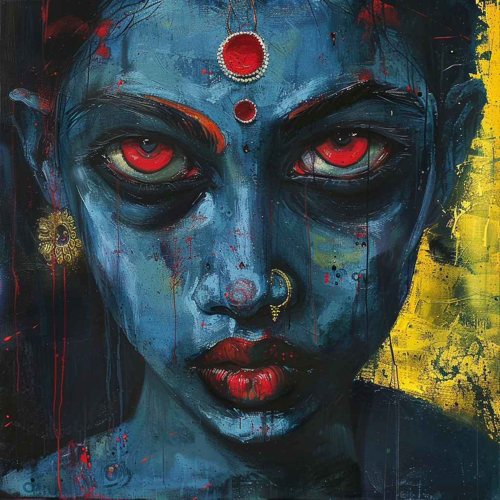 Realistic painting of blue-skinned woman with bindi.